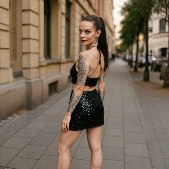 HYFVE Black Sequin Halter Crop Top & Mini Skirt Set w/ Lace-Up – Size L NWT - Picture 2 of 5